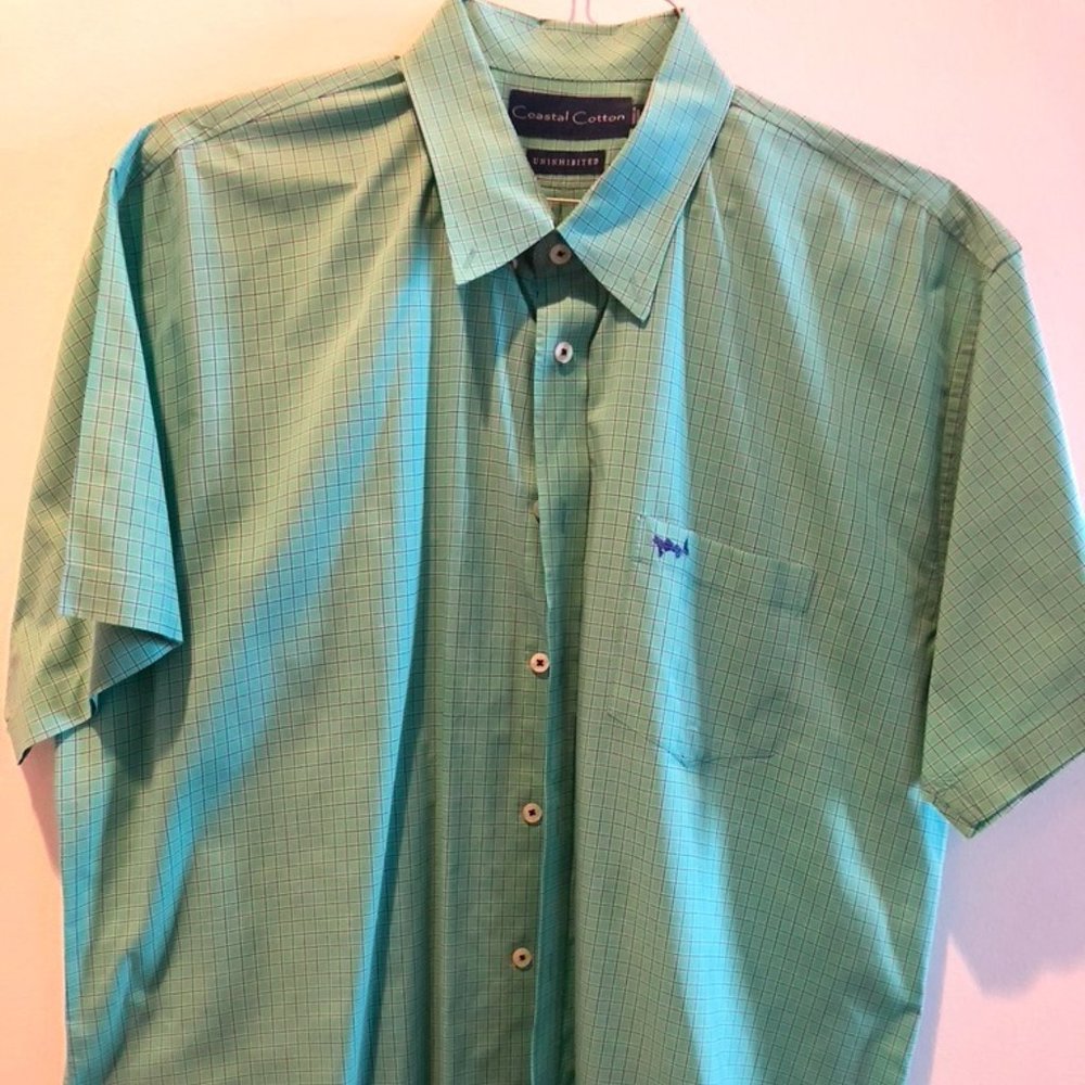 Men's Short Sleeve Teal, Navy and White Check XL Coastal Cotton Shirt